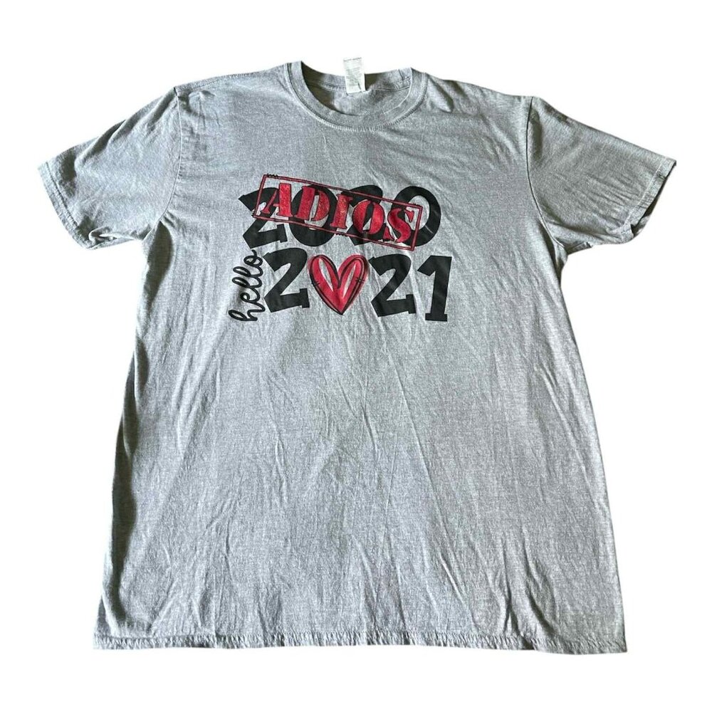 Adios 2020 Hello 2021 Shirt Mens XL Gray Graphic Tee New Year Celebration Cotton